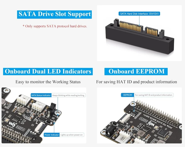 Alt view image 6 of 7 - PCIe to 2-CH SATA Adapter Compatible with Raspberry Pi 5,SATA 3.0, Onboard Dual LED Indicators and EEPROM, HAT + Standard, Driver-Free, Plug and Play