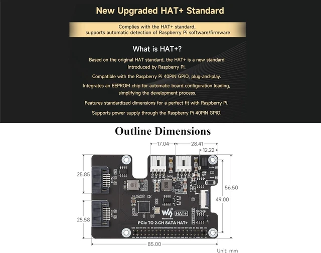 Alt view image 7 of 7 - PCIe to 2-CH SATA Adapter Compatible with Raspberry Pi 5,SATA 3.0, Onboard Dual LED Indicators and EEPROM, HAT + Standard, Driver-Free, Plug and Play