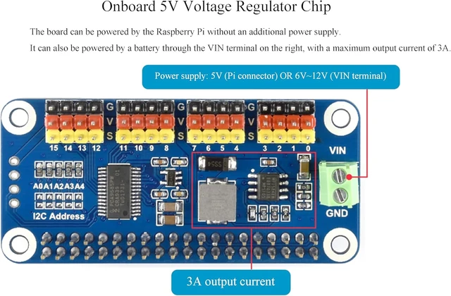 Alt view image 5 of 7 - PWM Servo Motor Driver HAT Compatible with Raspberry Pi 5/4/3B+/ 3B Zero/Zero W/Zero WH and Jetson Nano, 16-Channel 12-bit I2C Interface Straight Pinheader