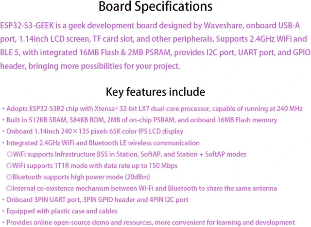 Alt view image 5 of 7 - ESP32-S3 Geek Development Board, Based On ESP32-S3R2 Controller Chip, Onboard 1.14inch LCD Screen, USB-A Port, UART, GPIO Header, I2C Port, TF Card Slot, Supports W-i-F-i & Blue-Too-th LE
