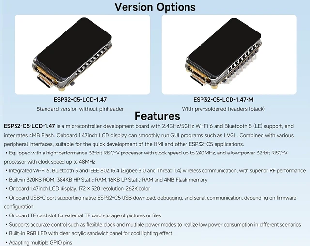 Alt view image 4 of 7 - ESP32-C5 1.47inch LCD Display Dev Board, 172 x 320, with Solder Header
