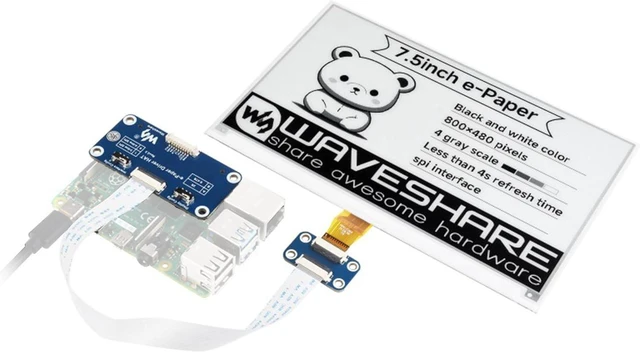 Main image of 7.5inch e-Paper HAT Compatible with Raspberry Pi 5/4B/3B+/Zero/Zero W/Zero 2W/Pico/Pico W/Pico 2/Pico 2W/Jetson Nano, 800×480 Resolution 7.5inch E-Ink Display HAT, SPI Interface,Black White Two-Color
