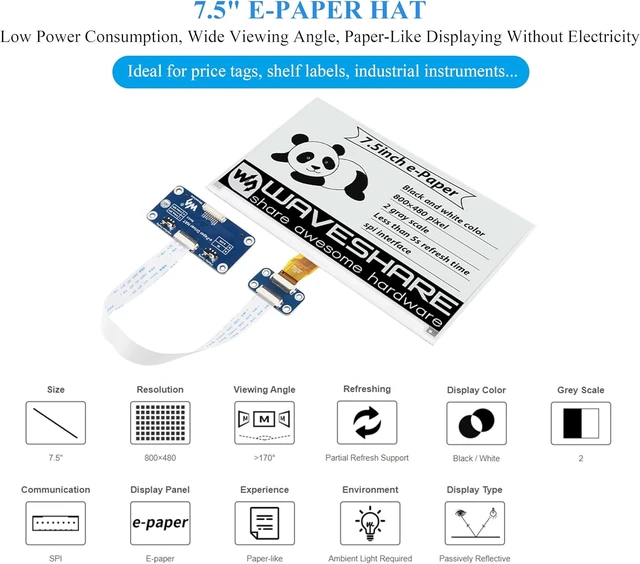 Alt view image 3 of 7 - 7.5inch e-Paper HAT Compatible with Raspberry Pi 5/4B/3B+/Zero/Zero W/Zero 2W/Pico/Pico W/Pico 2/Pico 2W/Jetson Nano, 800×480 Resolution 7.5inch E-Ink Display HAT, SPI Interface,Black White Two-Color