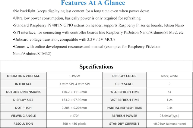 Alt view image 4 of 7 - 7.5inch e-Paper HAT Compatible with Raspberry Pi 5/4B/3B+/Zero/Zero W/Zero 2W/Pico/Pico W/Pico 2/Pico 2W/Jetson Nano, 800×480 Resolution 7.5inch E-Ink Display HAT, SPI Interface,Black White Two-Color