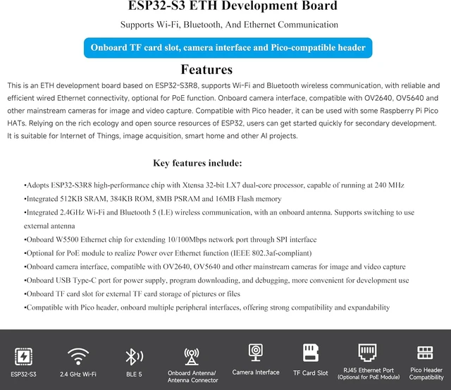 Alt view image 2 of 7 - ESP32-S3 Ethernet PoE+Camera Dev Board, Wi-Fi, Bluetooth, ETH Communication