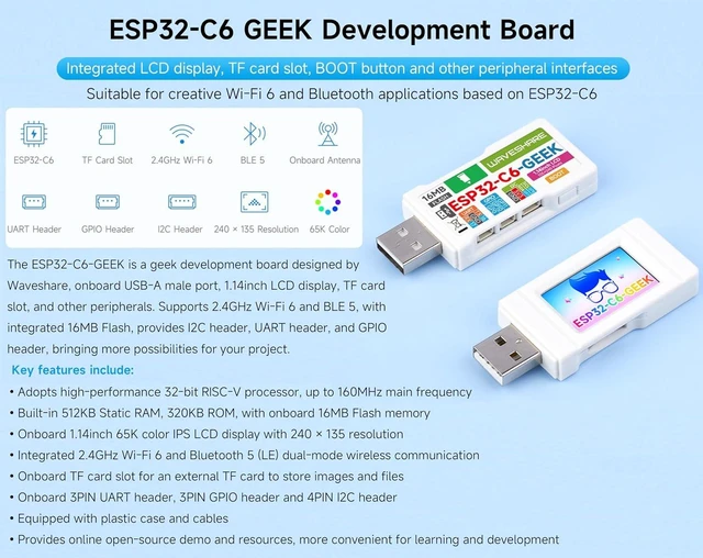 Alt view image 2 of 7 - ESP32-C6 Geek Development Board, Based on ESP32-C6, Support 2.4GHz Wi-Fi 6 and BLE 5, Integrated 16MB Flash, with 1.14inch IPS LCD 240 × 135 Resolution 65K Color, USB-AI2C/UART/GPIO Header, etc.