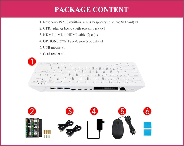 Alt view image 7 of 7 - Pi 500 Portable Keyboard Computer Compatible with Raspberry Pi 500, Same Quad-Core 64-bit Arm Processor, Support WiFi/Bluetooth, Comes with Official 32GB Micro SD Card (6 Items)