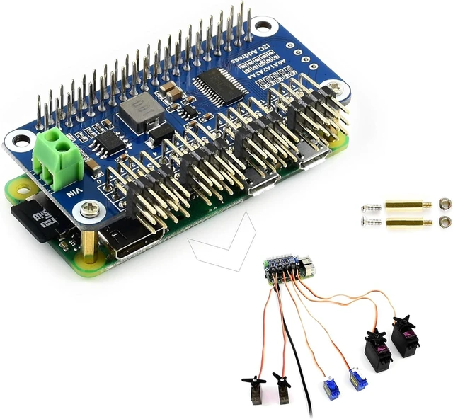 Main image of Servo Driver HAT Compatible with Raspberry Pi 5/4/3B+/3B/Zero/Zero W/Zero 2W and Jetson Nano,16-Channel 12-Bit I2C, Suitable for Robotic Arms or Hexapods Robots Driving Servos, Bent PinHeader