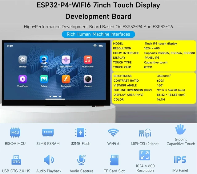 Alt view image 2 of 7 - ESP32-P4-WIFI6 7inch Touch Display Development Board, Based On ESP32-P4 and ESP32-C6, 7" IPS 5-Point Touch Screen, Support AI Speech Interaction & Wi-Fi 6/BT5, with RS485/CAN/I2C/UART Headers