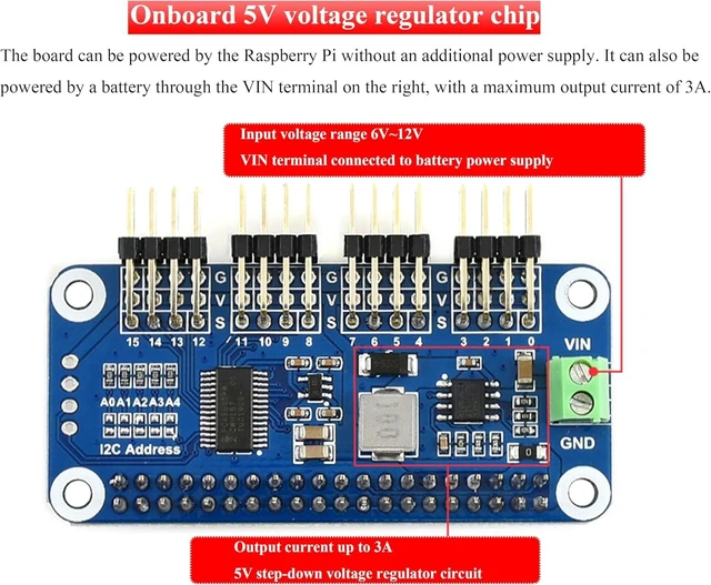 Alt view image 6 of 7 - Servo Driver HAT Compatible with Raspberry Pi 5/4/3B+/3B/Zero/Zero W/Zero 2W and Jetson Nano,16-Channel 12-Bit I2C, Suitable for Robotic Arms or Hexapods Robots Driving Servos, Bent PinHeader