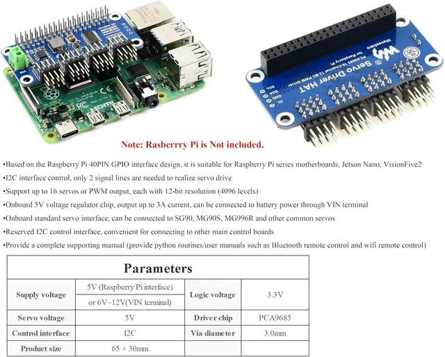 Alt view image 7 of 7 - Servo Driver HAT Compatible with Raspberry Pi 5/4/3B+/3B/Zero/Zero W/Zero 2W and Jetson Nano,16-Channel 12-Bit I2C, Suitable for Robotic Arms or Hexapods Robots Driving Servos, Bent PinHeader