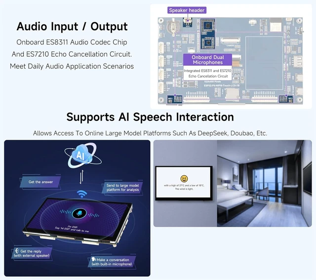 Alt view image 5 of 7 - ESP32-P4-WIFI6 7inch Touch Display Development Board, Based On ESP32-P4 and ESP32-C6, 7" IPS 5-Point Touch Screen, Support AI Speech Interaction & Wi-Fi 6/BT5, with RS485/CAN/I2C/UART Headers