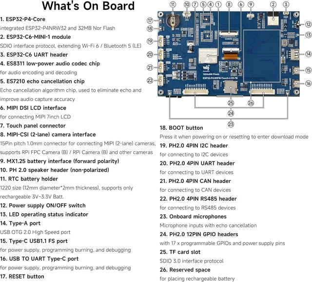 Alt view image 6 of 7 - ESP32-P4-WIFI6 7inch Touch Display Development Board, Based On ESP32-P4 and ESP32-C6, 7" IPS 5-Point Touch Screen, Support AI Speech Interaction & Wi-Fi 6/BT5, with RS485/CAN/I2C/UART Headers