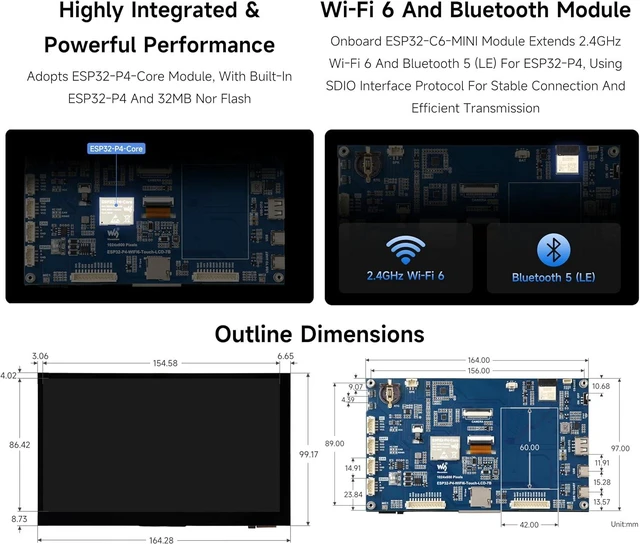 Alt view image 7 of 7 - ESP32-P4-WIFI6 7inch Touch Display Development Board, Based On ESP32-P4 and ESP32-C6, 7" IPS 5-Point Touch Screen, Support AI Speech Interaction & Wi-Fi 6/BT5, with RS485/CAN/I2C/UART Headers
