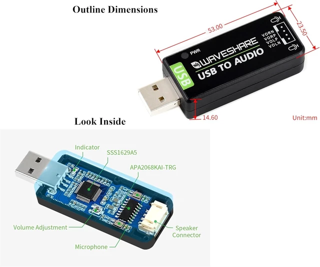 Alt view image 6 of 7 - USB Audio Module USB Sound Card External Audio Converter Compatible with Raspberry Pi/Jetson Nano, Support Recording and Playback, Stereo Codec, Plug and Play, Comes with 8 5W Speaker