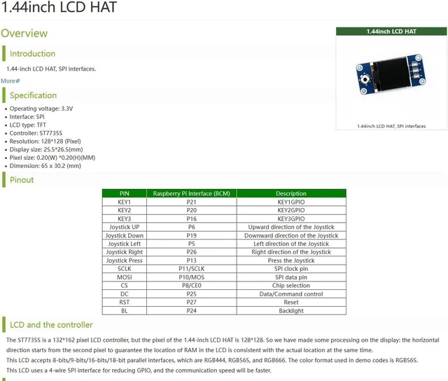 Alt view image 2 of 7 - 1.44inch LCD Display HAT Compatible with Raspberry Pi 5/ 4B/3B+/3B/2B/A+/Zero W/WH/Zero 2 W/Pico/Pico 2W, etc. RGB 65K Color 128 x128 Pixels, SPI Interface, with Embedded Controller