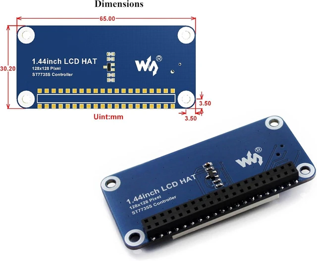 Alt view image 6 of 7 - 1.44inch LCD Display HAT Compatible with Raspberry Pi 5/ 4B/3B+/3B/2B/A+/Zero W/WH/Zero 2 W/Pico/Pico 2W, etc. RGB 65K Color 128 x128 Pixels, SPI Interface, with Embedded Controller