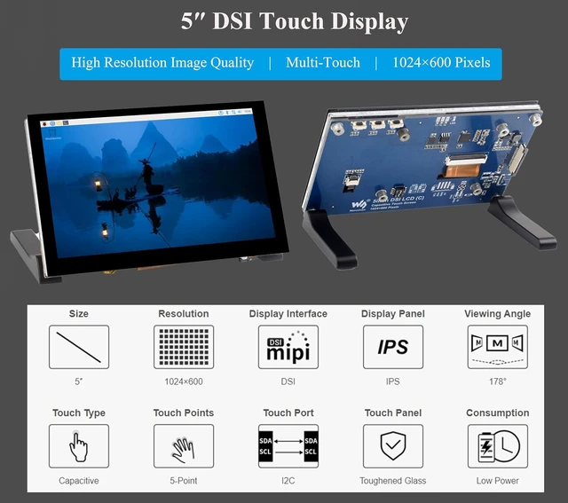 Alt view image 2 of 7 - 5inch DSI LCD 5-Point Capacitive Touch Screen Monitor for Raspberry Pi Pi5/4B/3B+/3B/3A+/CM4/CM3+/CM3, 1024 x 600 Resolution IPS Display Screen, DSI Interface, 178° Viewing Angle, No Driver Required