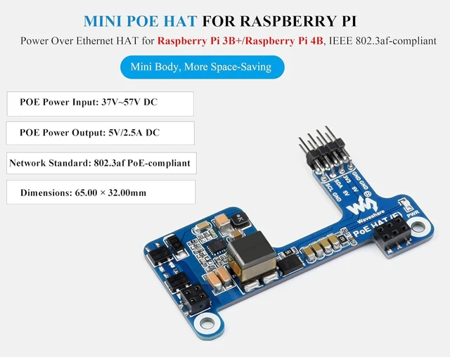 Alt view image 2 of 7 - Waveshare PoE HAT for Raspberry Pi 4B/3B+, Power Over Ethernet (PoE) Support 802.3af, Compatible with Official Case, Supports Cooling Fan