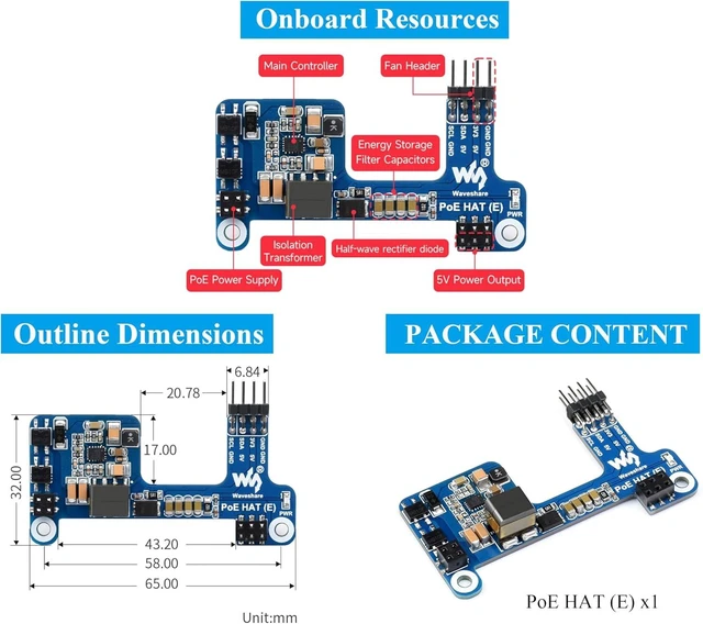 Alt view image 7 of 7 - Waveshare PoE HAT for Raspberry Pi 4B/3B+, Power Over Ethernet (PoE) Support 802.3af, Compatible with Official Case, Supports Cooling Fan