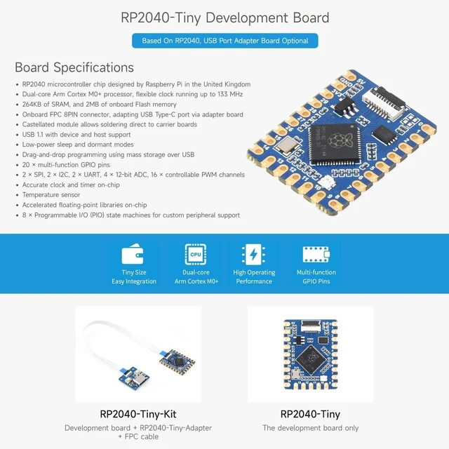 Alt view image 3 of 7 - Waveshare RP2040-Tiny Development Board, Raspberry Pi Microcontroller Development Board, Based On Official RP2040 Dual Core Processor, with USB Port Adapter
