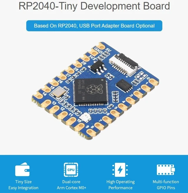 Alt view image 2 of 7 - Waveshare RP2040-Tiny Kit Based on Raspberry Pi MCU RP2040, Dual-Core Arm Processor, 20×Multi-Function GPIO Pins, Adapting USB-C Port via Adapter Board
