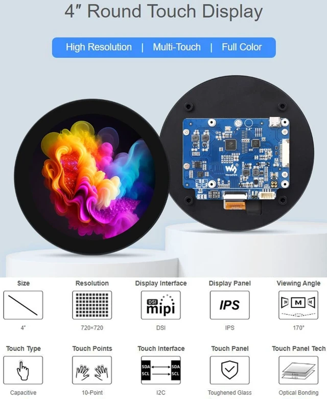 Alt view image 2 of 7 - Waveshare 4inch DSI Round Touch Display 720 × 720 Resolution, 10-Point Capacitive Touch IPS Display Screen Compatible with Raspberry Pi 5/Pi 4B/3B+/3A+, Compute Module 4/Compute Module 3+/CM3