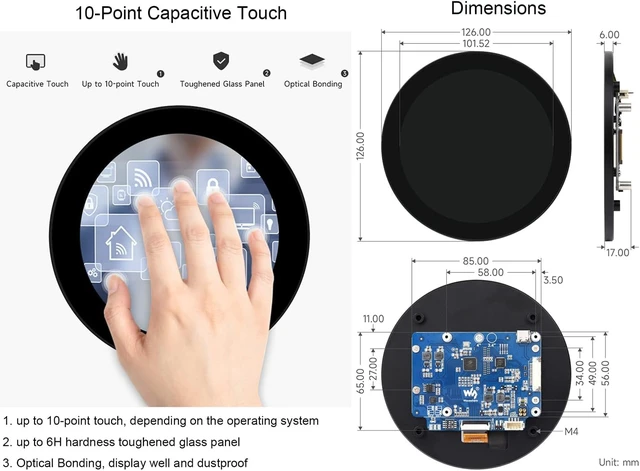 Alt view image 5 of 7 - Waveshare 4inch DSI Round Touch Display 720 × 720 Resolution, 10-Point Capacitive Touch IPS Display Screen Compatible with Raspberry Pi 5/Pi 4B/3B+/3A+, Compute Module 4/Compute Module 3+/CM3