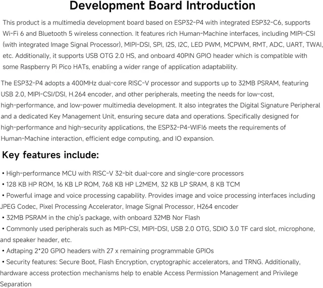 Alt view image 3 of 7 - ESP32-P4-WIFI6 High-Performance Development Board, Based On ESP32-P4 and ESP32-C6, Supports Wi-Fi 6 and Bluetooth 5 / BLE, Rich Human-Machine Interfaces, Supports AI Speech Interaction