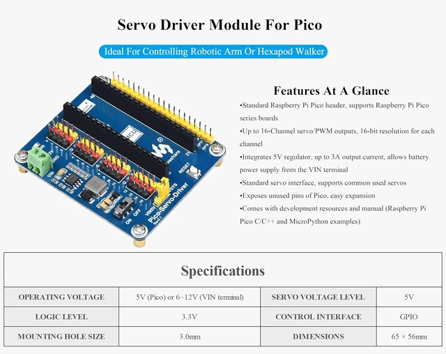 Alt view image 2 of 7 - Servo Driver Module Compatible with Raspberry Pi Pico 2W/2/Pico W/Pico, 16-bit Resolution, Up to 16-Channel Servo/PWM Outputs, Support SG90 MG90S MG996R Servo, Ideal for Robotic Arm or Hexapod Walker