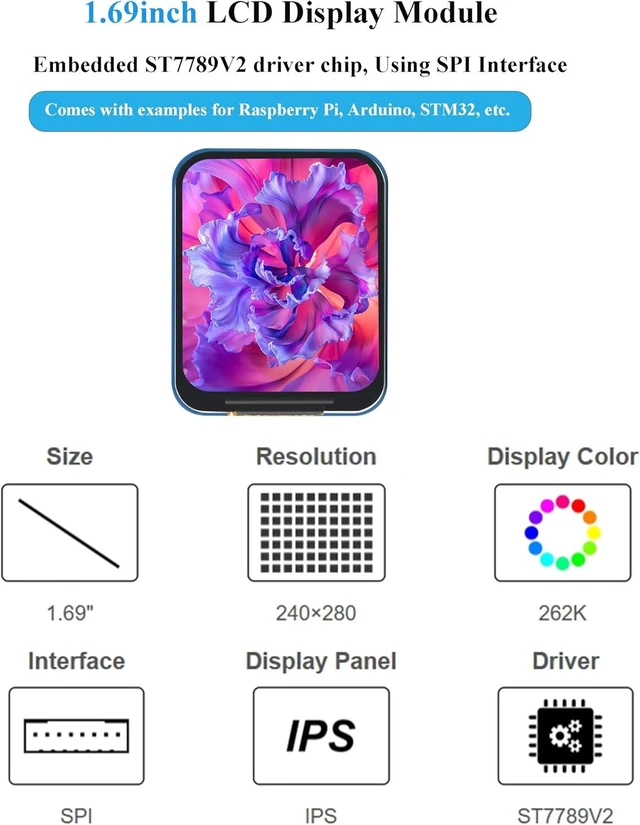Alt view image 2 of 7 - 1.69inch LCD Display Module, 240×280 Resolution IPS Screen Display 262K Display Color ST7789V2 Driver chip SPI Interface, for Raspberry Pi, Arduino, STM32, etc.