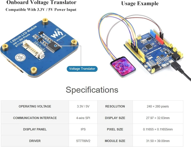 Alt view image 3 of 7 - 1.69inch LCD Display Module, 240×280 Resolution IPS Screen Display 262K Display Color ST7789V2 Driver chip SPI Interface, for Raspberry Pi, Arduino, STM32, etc.