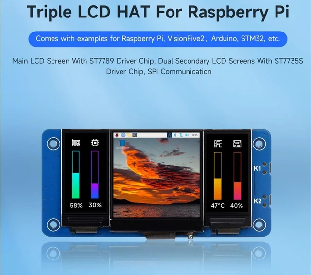 Alt view image 2 of 7 - waveshare Triple LCD HAT for Raspberry Pi, Onboard 1.3inch IPS LCD 240×240 Resolution Main Screen and Dual 0.96inch IPS 160×80 Resolution LCD Secondary Screens, SPI Interface