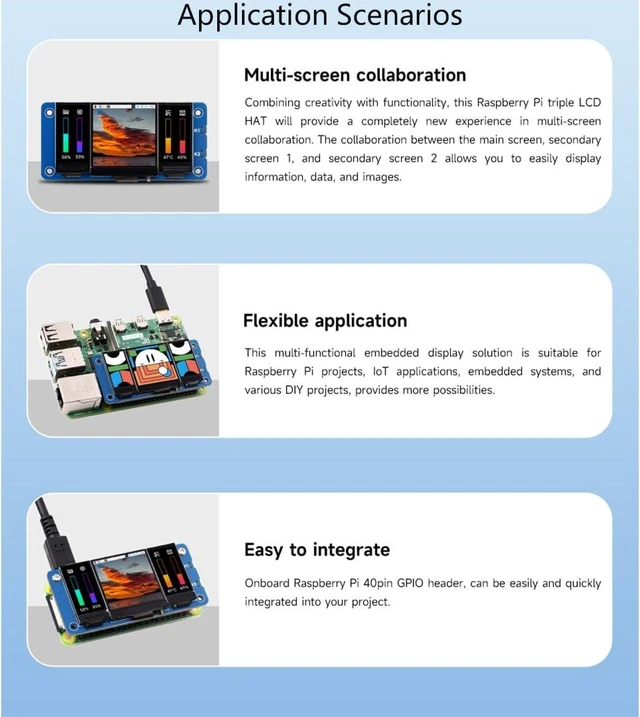Alt view image 4 of 7 - waveshare Triple LCD HAT for Raspberry Pi, Onboard 1.3inch IPS LCD 240×240 Resolution Main Screen and Dual 0.96inch IPS 160×80 Resolution LCD Secondary Screens, SPI Interface