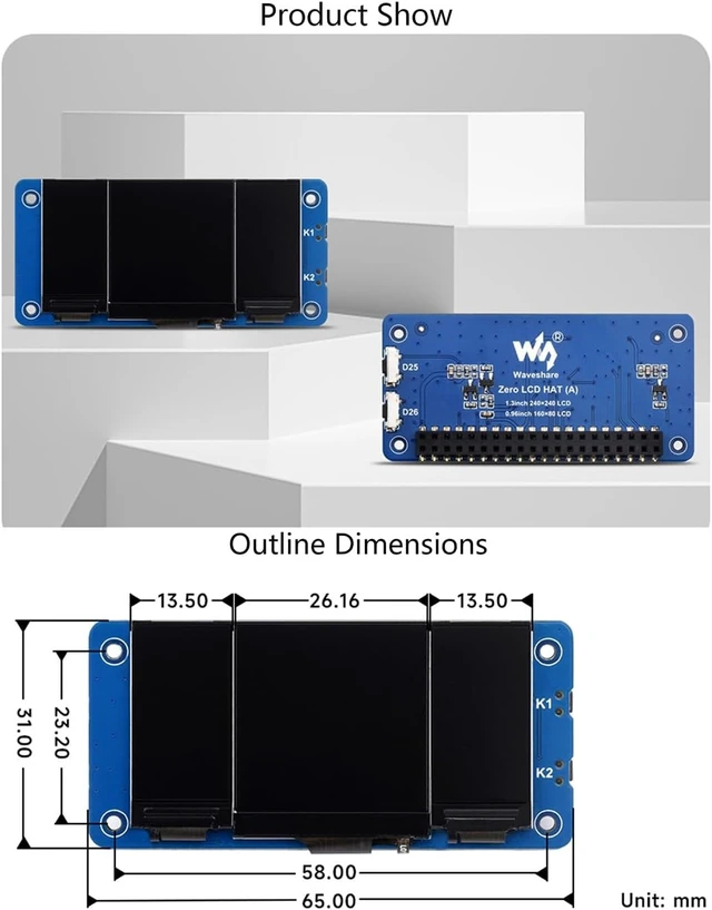Alt view image 7 of 7 - waveshare Triple LCD HAT for Raspberry Pi, Onboard 1.3inch IPS LCD 240×240 Resolution Main Screen and Dual 0.96inch IPS 160×80 Resolution LCD Secondary Screens, SPI Interface