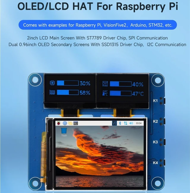 Alt view image 2 of 7 - OLED/LCD HAT for Raspberry Pi 4B/3B+/3B/2B/ Pi Zero/Zero W/Zero WH/Raspberry Pi Zero 2W, Onboard 2inch IPS LCD Main Screen SPI Interface and Dual 0.96inch Blue OLED Secondary Screen I2C Interface
