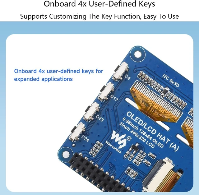 Alt view image 4 of 7 - OLED/LCD HAT for Raspberry Pi 4B/3B+/3B/2B/ Pi Zero/Zero W/Zero WH/Raspberry Pi Zero 2W, Onboard 2inch IPS LCD Main Screen SPI Interface and Dual 0.96inch Blue OLED Secondary Screen I2C Interface
