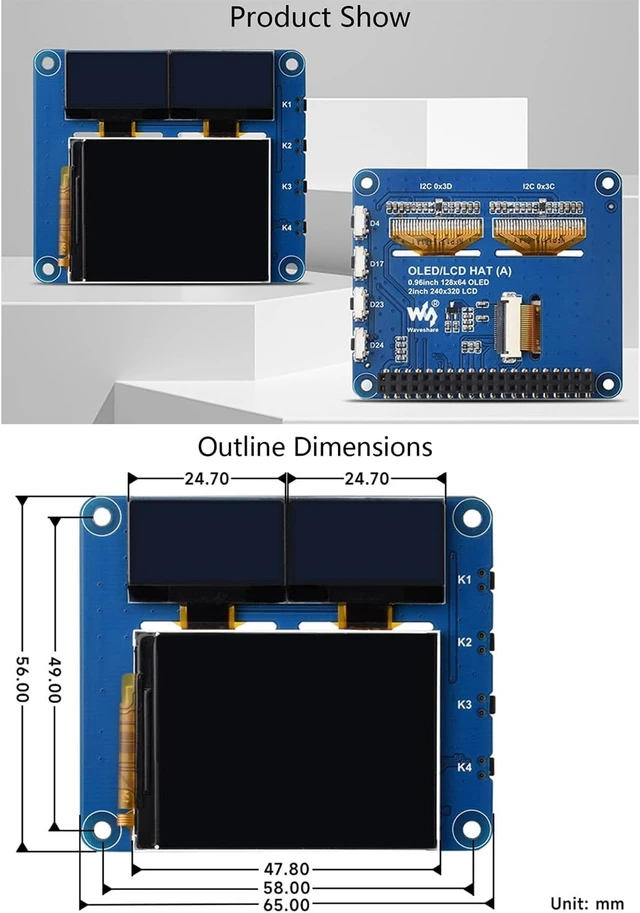 Alt view image 7 of 7 - OLED/LCD HAT for Raspberry Pi 4B/3B+/3B/2B/ Pi Zero/Zero W/Zero WH/Raspberry Pi Zero 2W, Onboard 2inch IPS LCD Main Screen SPI Interface and Dual 0.96inch Blue OLED Secondary Screen I2C Interface