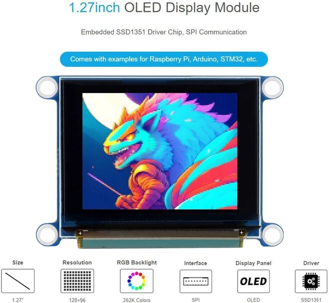 Alt view image 2 of 7 - 1.27inch RGB OLED Display Module 128×96 Resolution Screen, 262K RGB Colors SPI Interface 3.3V / 5V Operating Voltage, for Ardu/Raspberry Pi/STM32