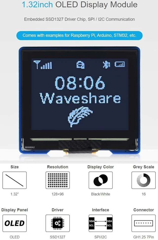 Alt view image 2 of 7 - waveshare 1.32inch OLED Display Module 128×96 Resolution Screen, 16 Gray Scale 3.3V / 5V Operating Voltage SPI / I2C Communication, for Ardui/Raspberry Pi/STM32, etc.
