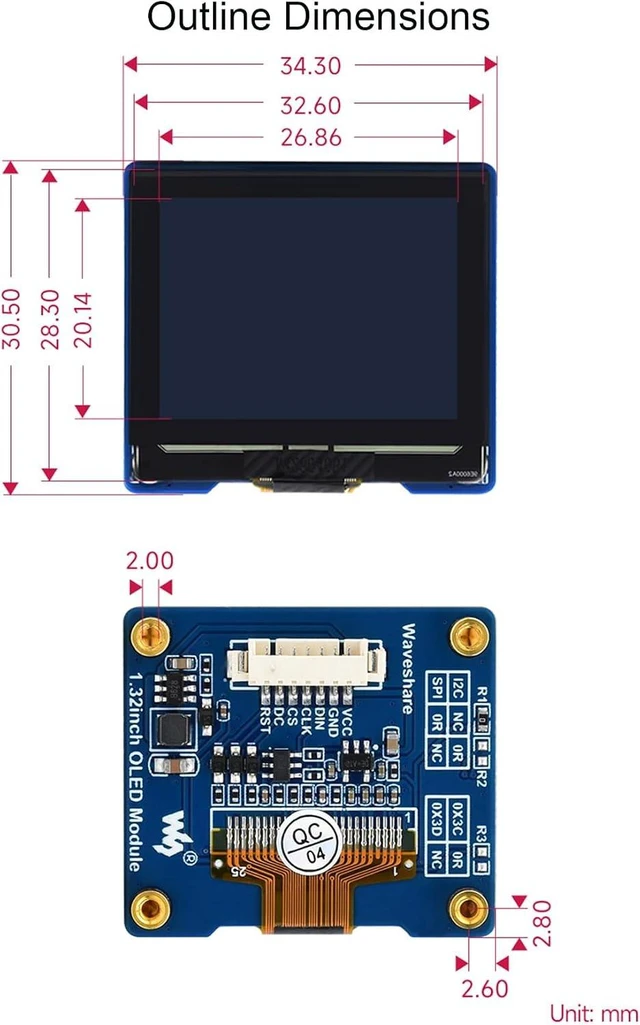 Alt view image 7 of 7 - waveshare 1.32inch OLED Display Module 128×96 Resolution Screen, 16 Gray Scale 3.3V / 5V Operating Voltage SPI / I2C Communication, for Ardui/Raspberry Pi/STM32, etc.