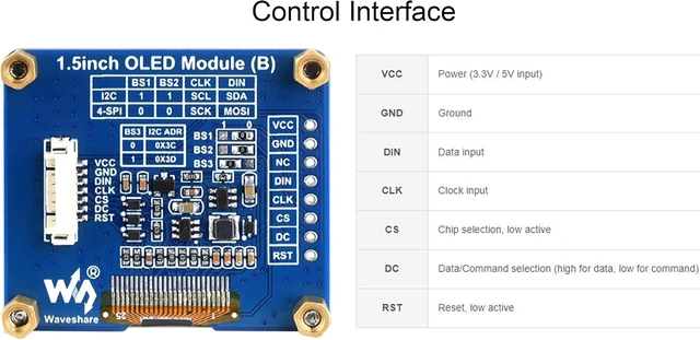 Alt view image 3 of 7 - waveshare 1.5inch OLED Display Module for Raspberry Pi/for Arduino/STM32, 128×128 Resolution Black/White Two Display Colors OLED with SH1107 Driver, SPI / I2C Communication
