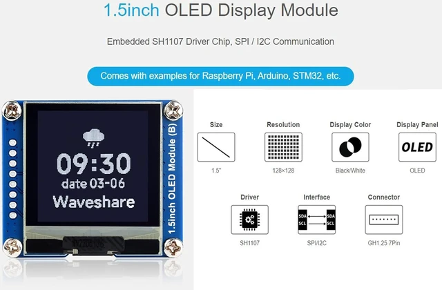 Alt view image 2 of 7 - waveshare 1.5inch OLED Display Module for Raspberry Pi/for Arduino/STM32, 128×128 Resolution Black/White Two Display Colors OLED with SH1107 Driver, SPI / I2C Communication