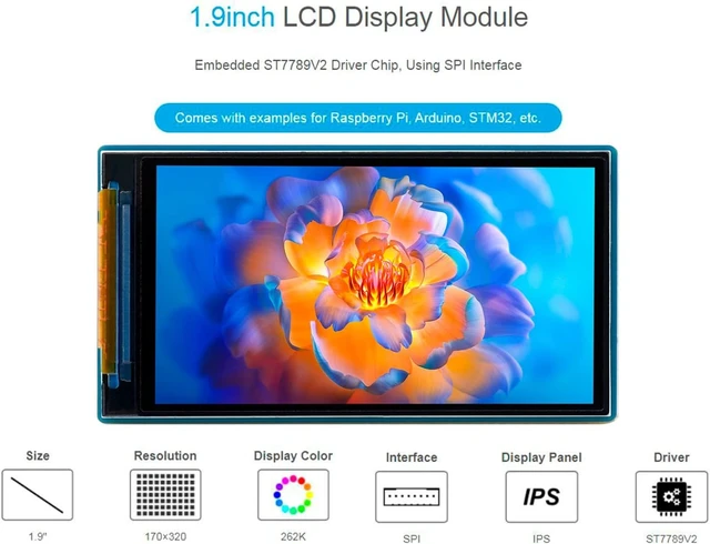 Alt view image 2 of 7 - 1.9inch LCD Display Module 170×320 Resolution Screen, 262K RGB Display Color SPI Interface ST7789V2 Driver, Compatible with Arduino/Raspberry Pi / STM32, etc