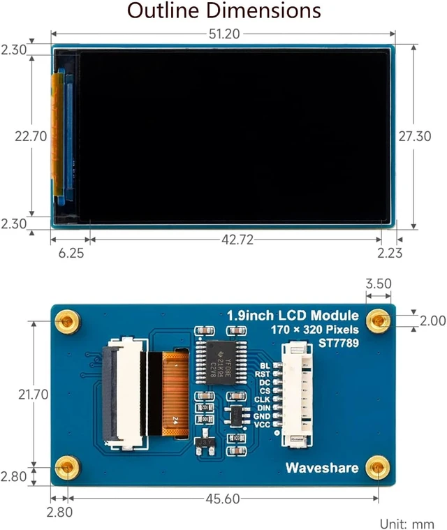 Alt view image 7 of 7 - 1.9inch LCD Display Module 170×320 Resolution Screen, 262K RGB Display Color SPI Interface ST7789V2 Driver, Compatible with Arduino/Raspberry Pi / STM32, etc
