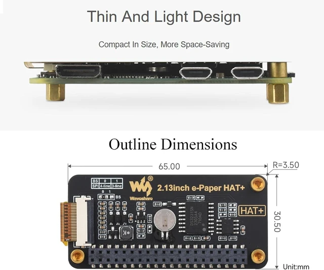 Alt view image 5 of 7 - 2.13inch E-Paper HAT+ for Raspberry Pi 5/ 4B/3B+/3B/2B/A+/Zero W/WH/Zero 2 W/Jetson Nano, E-Ink Display HAT+ Standard 250x122 Pixel SPI Interface with Pwnagotchi Tutorial Support Partial Refresh
