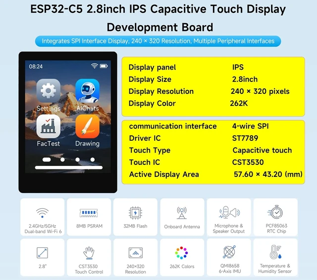 Alt view image 2 of 7 - ESP32-C5 2.8inch IPS Cap Touch Screen Development Board, 240 × 320 Pixels