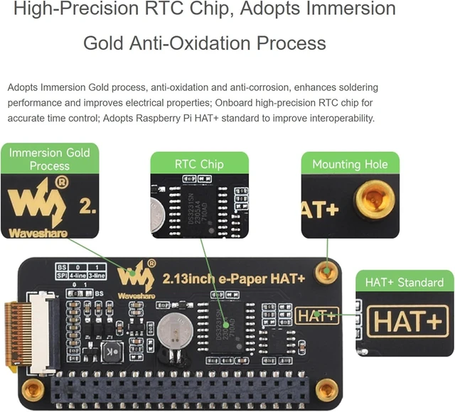 Alt view image 7 of 7 - 2.13inch E-Paper HAT+ for Raspberry Pi 5/ 4B/3B+/3B/2B/A+/Zero W/WH/Zero 2 W/Jetson Nano, E-Ink Display HAT+ Standard 250x122 Pixel SPI Interface with Pwnagotchi Tutorial Support Partial Refresh