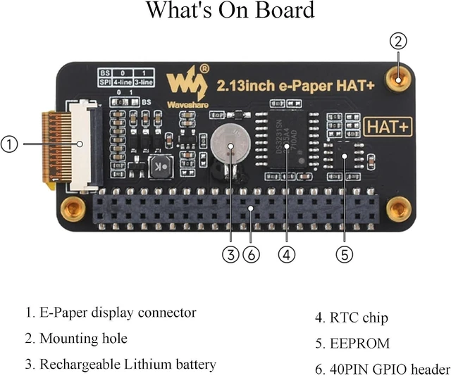 Alt view image 6 of 7 - 2.13inch E-Paper HAT+ for Raspberry Pi 5/ 4B/3B+/3B/2B/A+/Zero W/WH/Zero 2 W/Jetson Nano, E-Ink Display HAT+ Standard 250x122 Pixel SPI Interface with Pwnagotchi Tutorial Support Partial Refresh