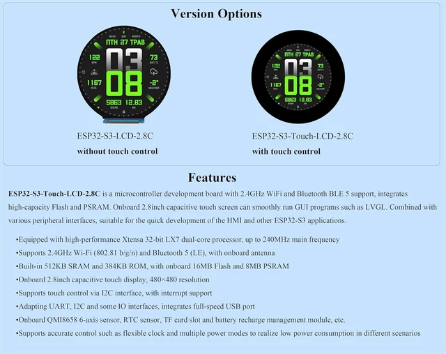 Alt view image 4 of 7 - ESP32-S3 2.8inch Round Display Development Board Development Board, 480x480 Resolution IPS Display, 32-bit LX7 Dual-Core Processor, ESP32 with Display, Supports WFi & BLE